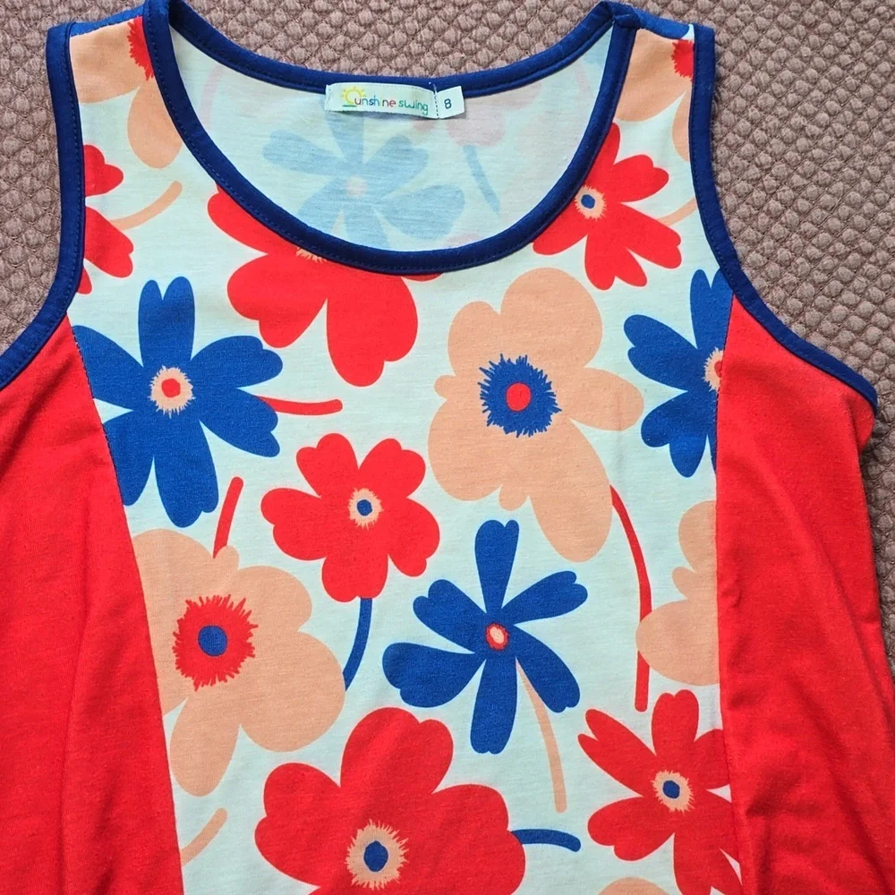 Sunshine Swing Floral Sleeveless Dress with Red and Blue Accents - Picture 3 of 10